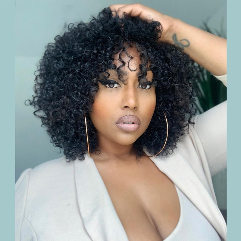 Afro Kinky Curly Human Hair Wigs For Black Women Pre Plucked Full Machine Made Brazilian Remy Hair No Lace Front Wig With Bangs